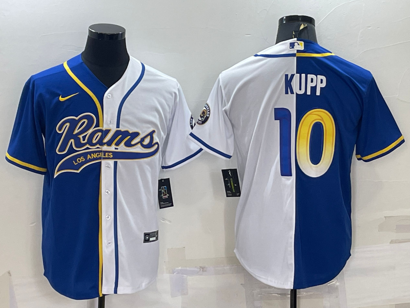 Men's Los Angeles Rams #10 Cooper Kupp Royal/White Split With Patch Cool Base Stitched Baseball Jersey Men's Los Angeles Rams #10 Cooper Kupp Royal/White Split With Patch Cool Base Stitched Baseball Jersey